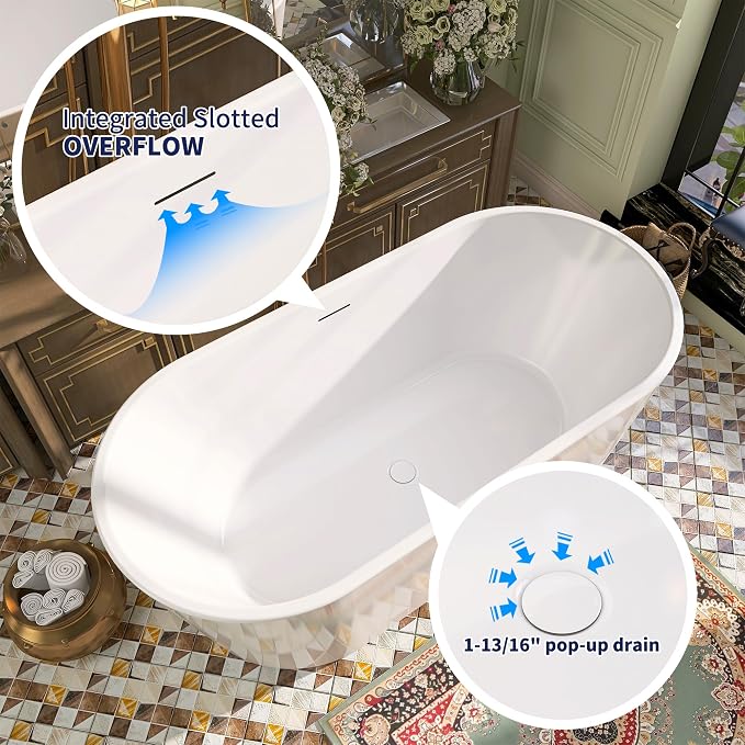 67" Acrylic Free Standing Tub, Stand Alone Tub, Freestanding Bathtub, Soaking - Image 7