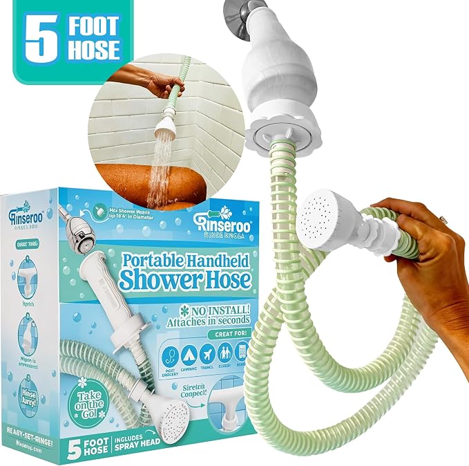 NEW Rinseroo: 5ft Slip-On Handheld Shower Attachment Hose w/Spray Head- by Rinseroo