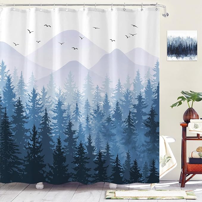 Aipon Blue Misty Forest Shower Curtain Ombre Nature Tree Plants Shower Curtains by Aipon