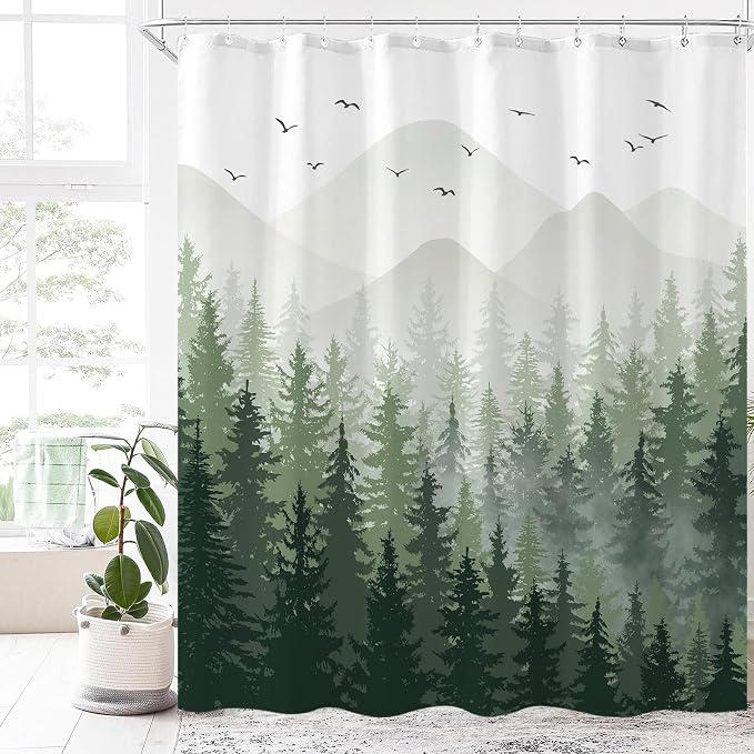 Aipon Green Misty Forest Shower Curtain Ombre Nature Tree Plants Shower - Image 5