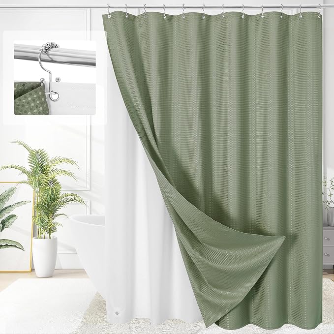 3 in 1 Long Shower Curtain Set-72 W x 78 H, Sage Green Waffle and PEVA Liner Set by Unknown