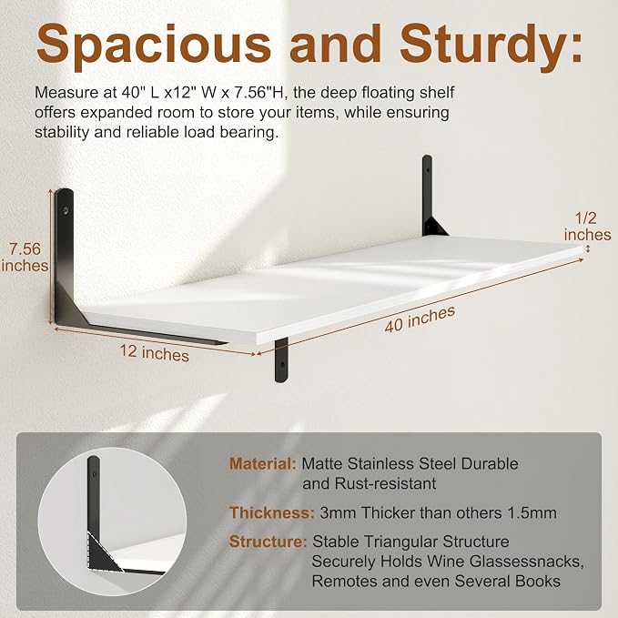 White Floating Shelves 40"W x 12"D, Deep Wall Shelves - Image 3