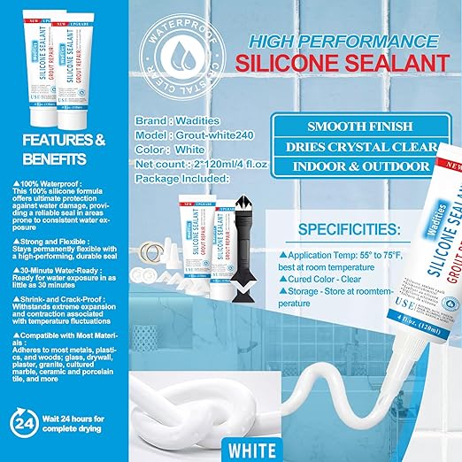 8Oz White Waterproof Caulk & Seal Silicone Sealant, Wadities Tile Grout Repair - Image 3