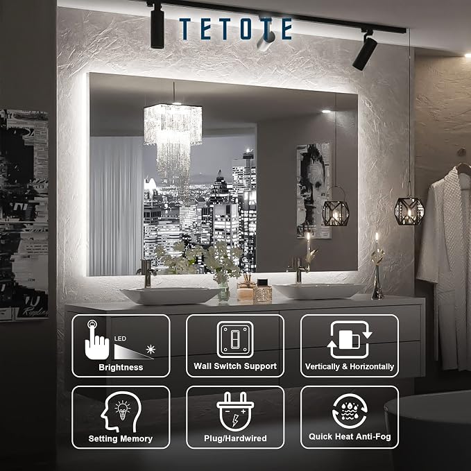 TETOTE 48 x 30 Inch LED Mirror Backlit Bathroom, Anti-Fog Mirror - Image 8