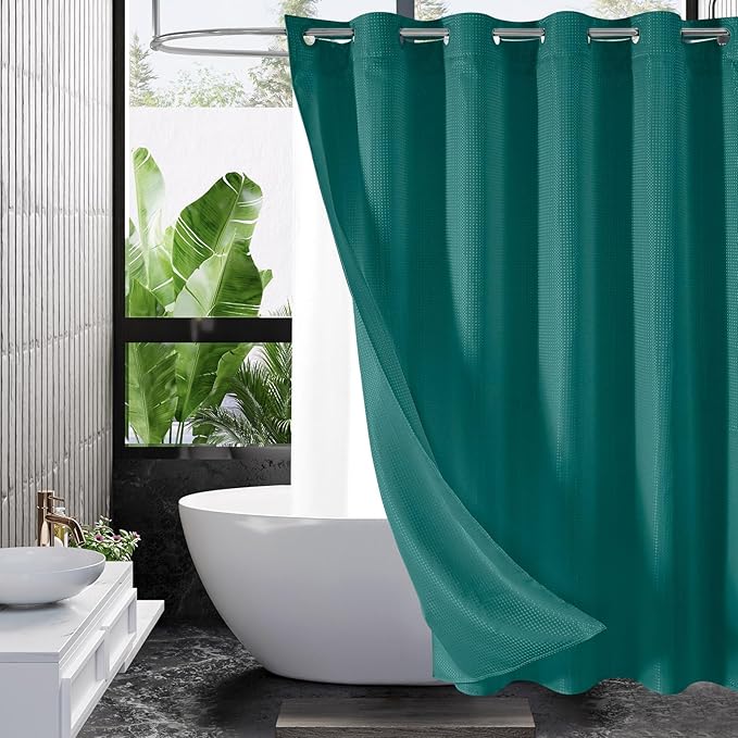 MitoVilla No Hooks Needed Dark Green Waffle Shower Curtain Liner Set, Modern by MitoVilla