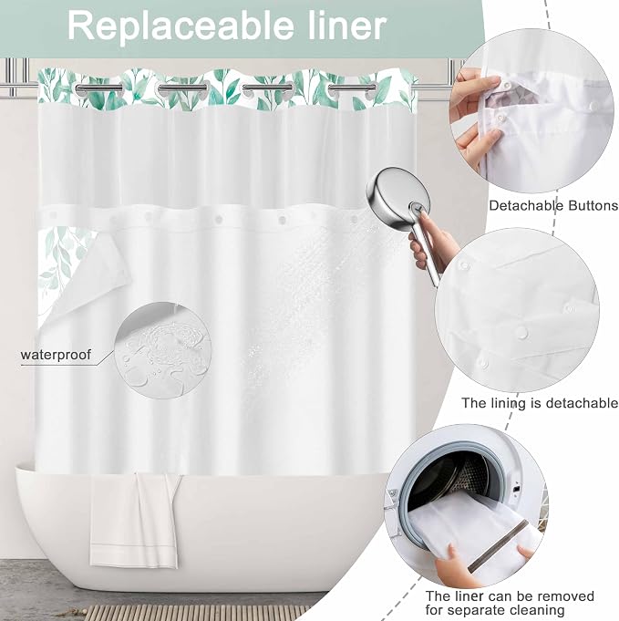No Hook Shower Curtain and Liner Set, Teal Eucalyptus Floral Shower Curtains - Image 4