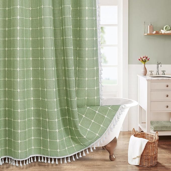 MitoVilla Sage Green Boho Extra Long Shower Curtain 72 x 84, Modern Farmhouse by MitoVilla