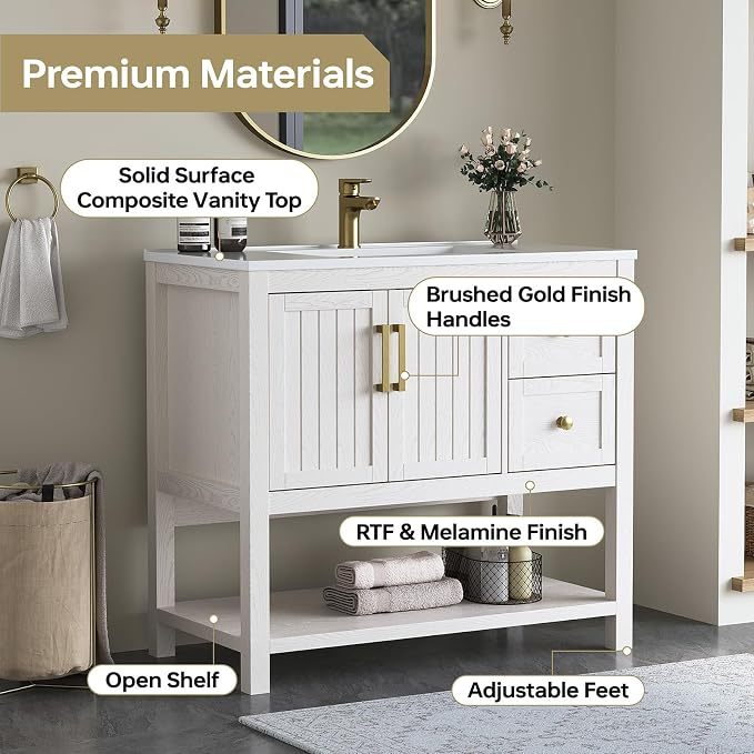 36" Bathroom Vanity with Sink, Bathroom Sink Cabinet with 2 Drawers & Open Shelf - Image 3