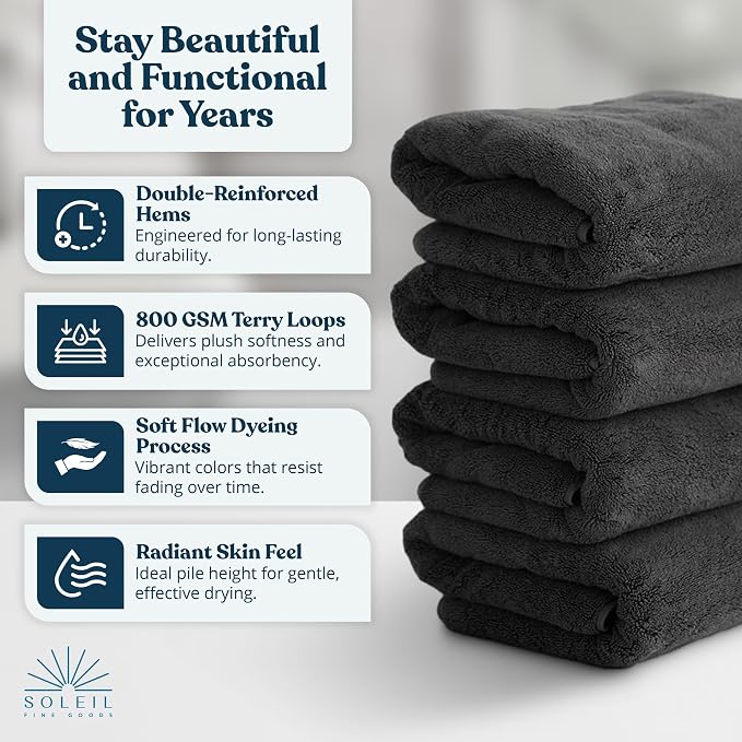 Soleil Fine Goods Luxurious 800 GSM 100% Cotton Bath Towel Set - Image 3
