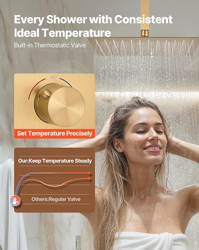 VEVOR Shower Faucet Set, 12 Inch Thermostatic Ceiling Mount Rainfall Shower - Image 3