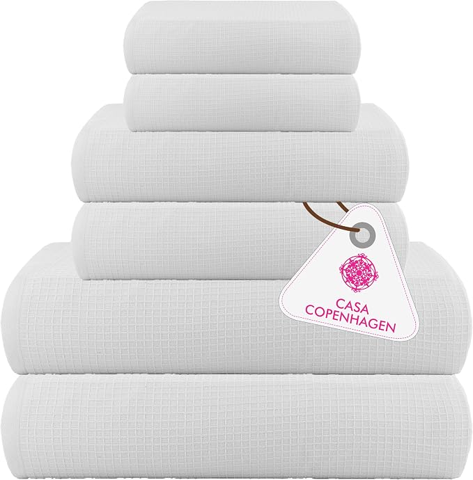 CASA COPENHAGEN Waffle Towel, 6Pieces 100% Cotton Large Towel Set- White by CASACOPENHAGEN