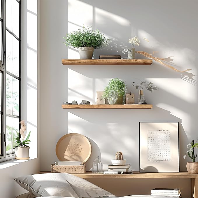 24 Inch Floating Shelves for Wall Rustic Light Wood Wall Shelves for Bedroom - Image 2