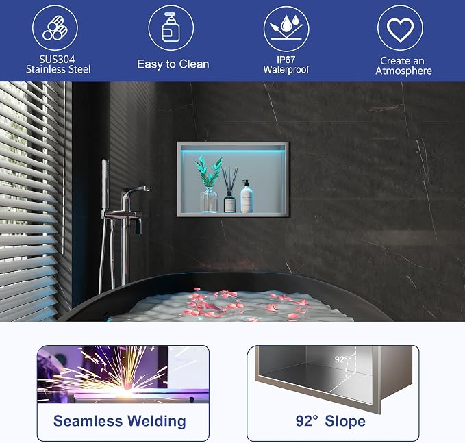18X12 RGB Shower Niche, Brushed Nickel Stainless Steel LED Wall Niche, No Tile - Image 4
