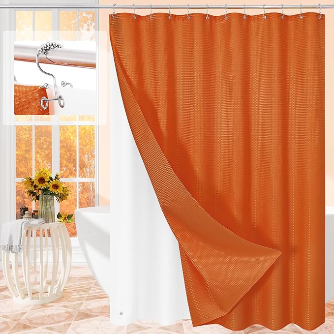3 in 1 Long Burnt Orange Shower Curtain Set-72 W x 78 H, Modern Waffle and PEVA by Unknown