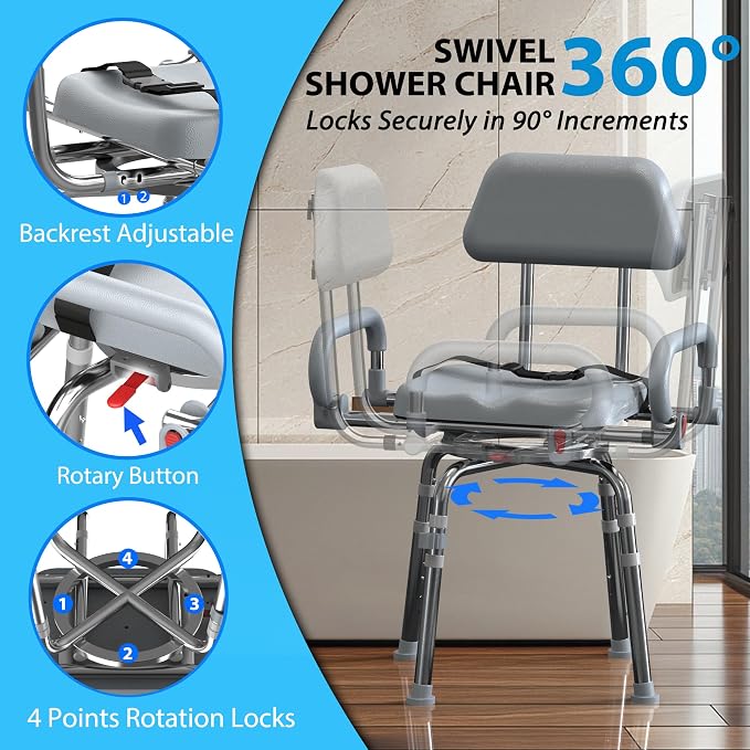 Swivel Shower Chair with Arms and Back, Anti-Slip Design, with Security Belt - Image 6