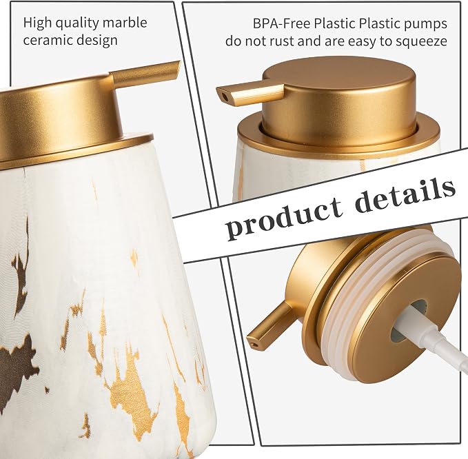 Enra Ceramic Gold Soap Dispenser, 12 oz Marble Lotion Dispenser Bathroom Liquid - Image 6