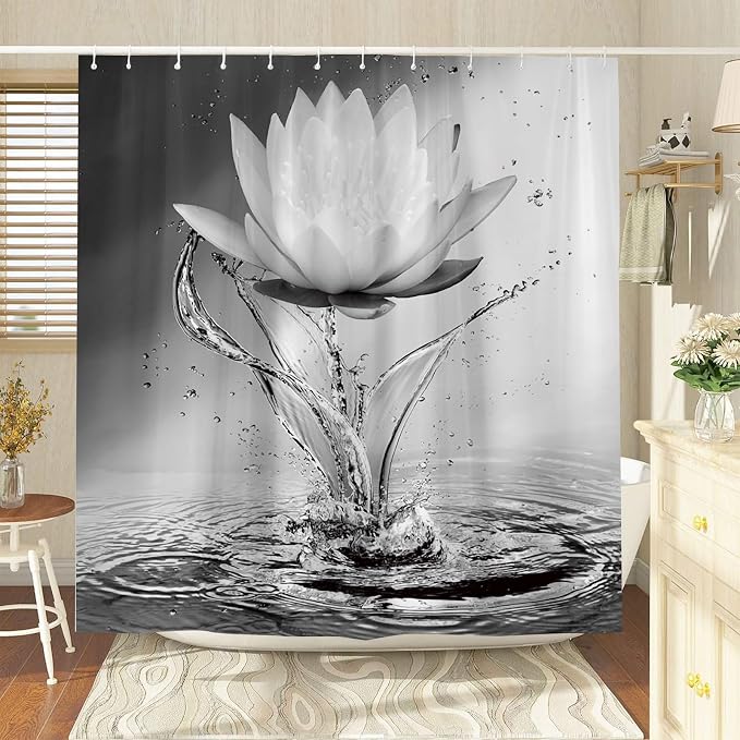 Lotus Shower Curtain Black White Grey Flower Elegant Blooming Floral - Image 2