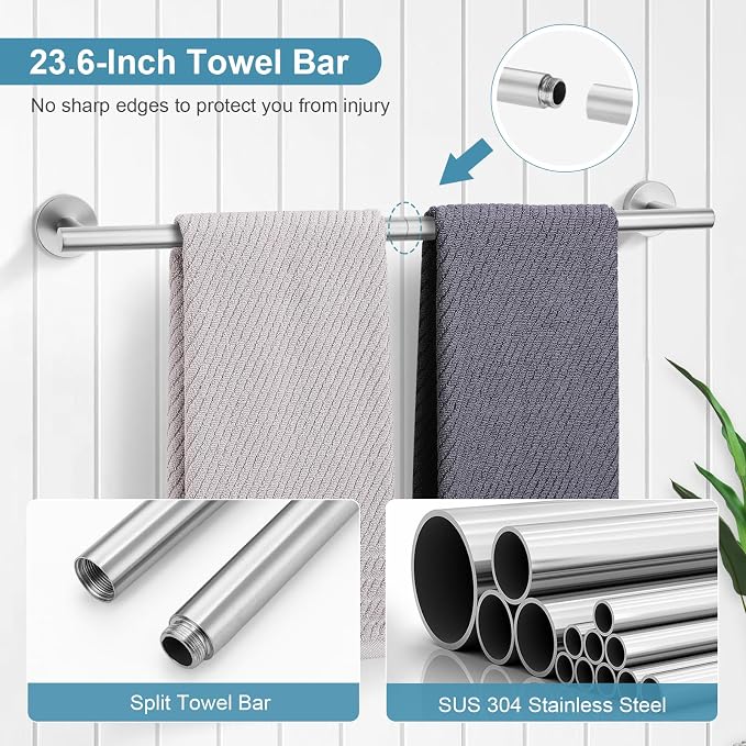 TQKAG Bathroom Towel Bar Holder Sets Brushed Nickel 23.6 Inch Round Stainless - Image 2