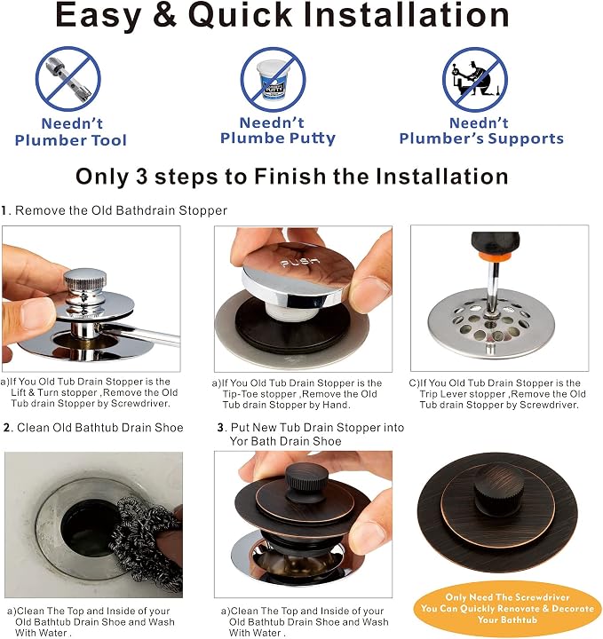 Artiwell Universal Lift and Turn Bath Drain Stopper and Cover, Bathtub Drain - Image 7