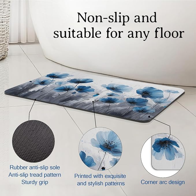 Elightvap Vintage Blue Flower Bathroom Rugs Mat Non Slip Absorbent Quick Dry - Image 4