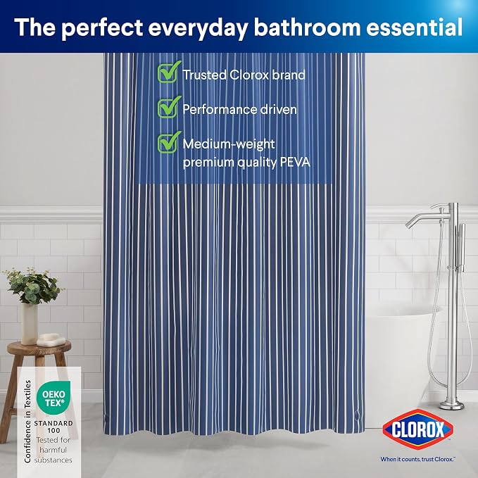 CLOROX Shower Curtain Liner, Premium Striped Medium-Weight Durable Waterproof - Image 9