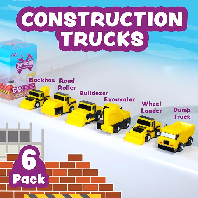 Tub Works® Construction™ Trucks Mold Free Bath Toys, 6 Pack | Sealed, No Hole - Image 3