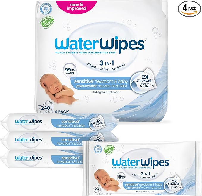 WaterWipes Sensitive+ Newborn & Baby Wipes, 3-In-1 Cleans, 99.9% Water by WaterWipes