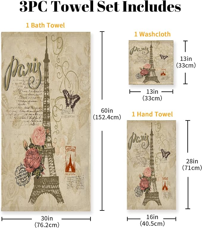Vintage Butterfly Paris Eiffel Tower 3 Piece Towel Bathroom Sets, 1 Bath Towel - Image 2