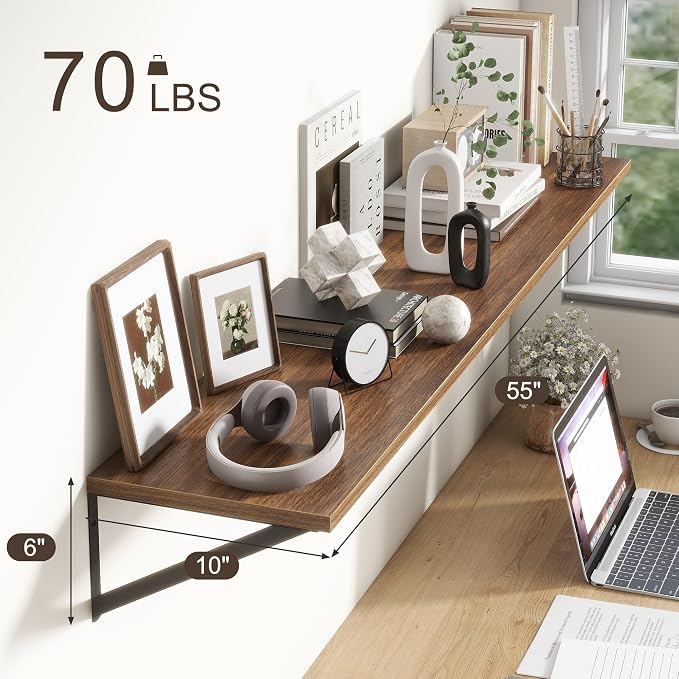 Floating Shelves 55 Inch Long, Walnut Wall Shelves 55 x 10, Wide Large Display - Image 3