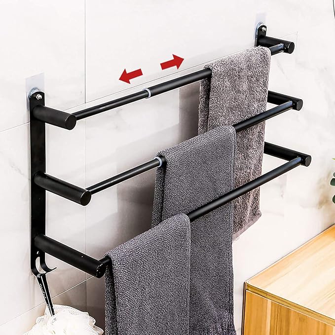 Black Adjustable Towel Bar for Bathroom Wall Mount17-30.7inch Adhesive Shower by CAXIMSY