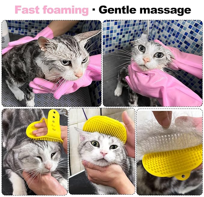 2-in-1 Pet Grooming Gloves and Brush, Dog and Cat Bath Scrubber Silicone Gloves - Image 2