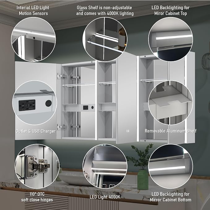 WELLFOR 60" x 30" LED Mirrored Bathroom Cabinet, Mirror Medicine Cabinet - Image 7
