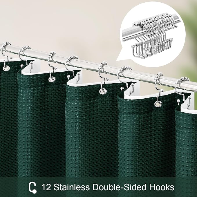 3 in 1 Long Dark Green Shower Curtain Set-72 W x 78 H, Modern Waffle and PEVA - Image 3