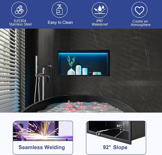 RGB LED Light Shower Niche, Matte Black 24X12 in Stainless Steel Recessed - Image 6