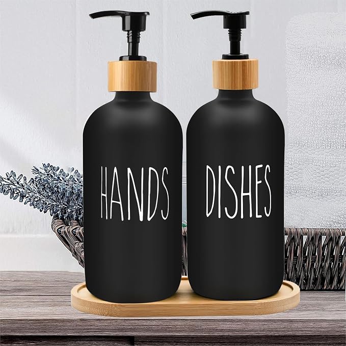 16 OZ Thick Black Glass Soap Dispenser, Bamboo Pump - Image 6
