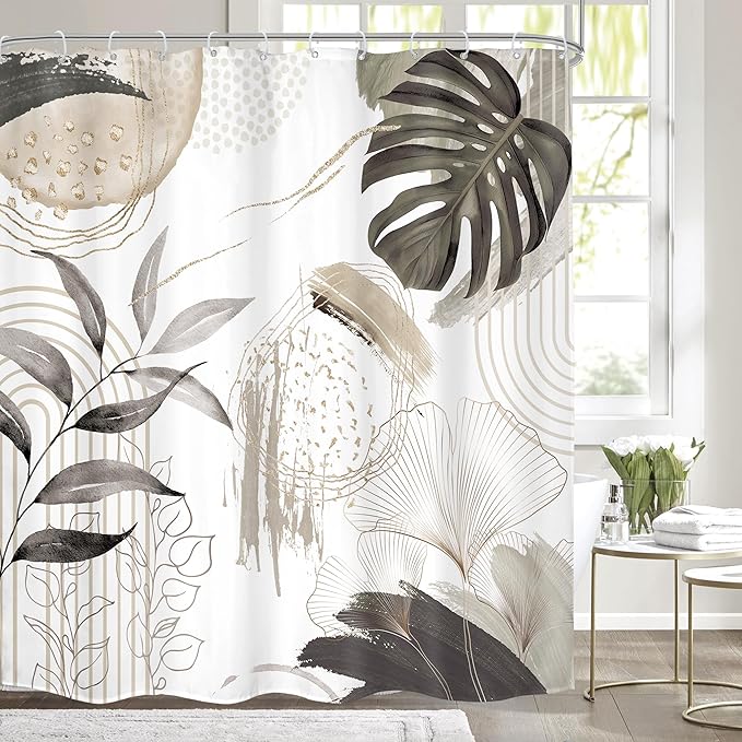 Gray Boho Shower Curtain 72Wx72H Tropical Palm Leaves Bohemian Botanical by MitpokBrand