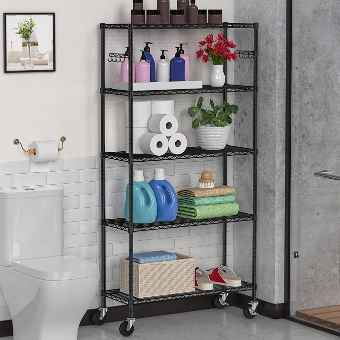 5 Tier Storage Shelves with Wheels Wire Rolling Garage Shelving Rack Organizer - Image 8