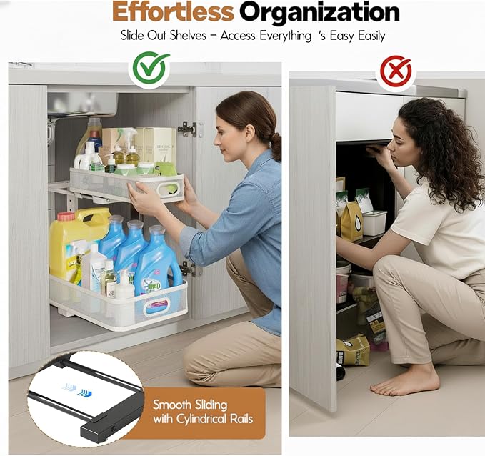 2 Pack Under Sink Organizer, Dual-Layer Pull Out Mesh Cabinet Rack - Image 3