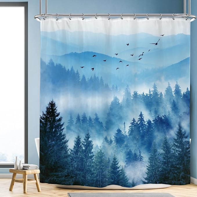 Riyidecor Navy Blue Shower Curtain，Mountain Nature Woodland Scenery，Park Scene - Image 2