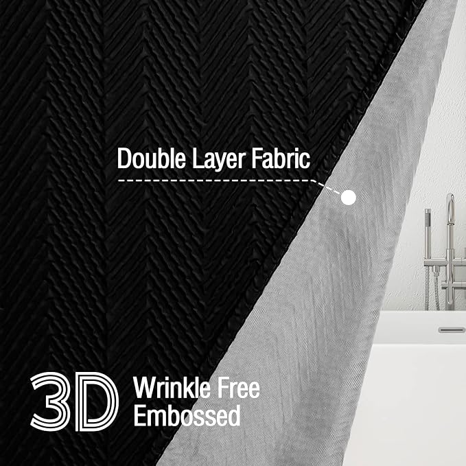 Gibelle Black Shower Curtain, 3D Embossed Textured Herringbone Fabric Shower - Image 2