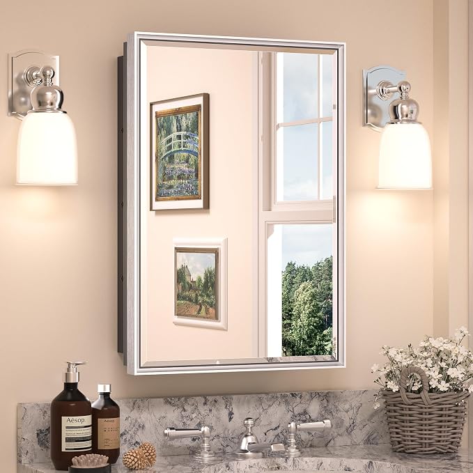 TETOTE Medicine Cabinet with Mirror 17 x 25 Inch Brushed Silver by TETOTE
