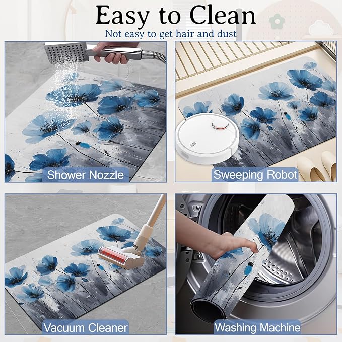 Elightvap Vintage Blue Flower Bathroom Rugs Mat Non Slip Absorbent Quick Dry - Image 6