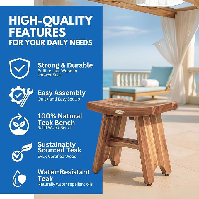 EcoDecors Teak Shower Bench 18", 300 lb Capacity – Waterproof Wood Bath Seat - Image 4