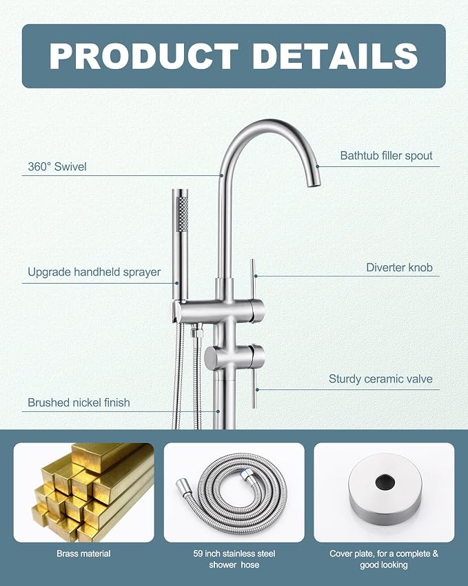 Freestanding Bathtub Faucet Brushed Nickel, Floor Mount Tub Filler, High Flow - Image 4