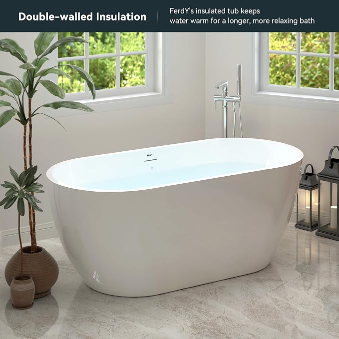 FerdY Nauru 59" Acrylic Freestanding Bathtub, Gracefully Shaped Freestanding - Image 2