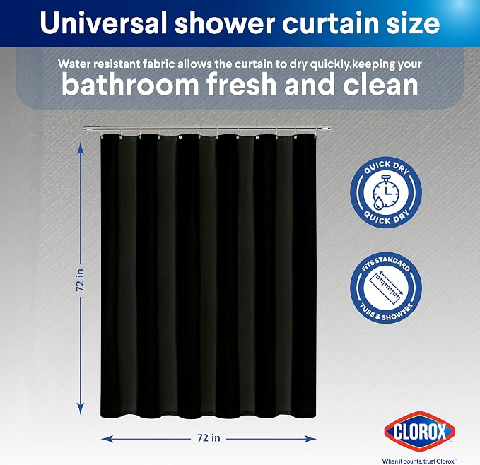 CLOROX 2-in-1 Bathroom Shower Curtain Liner, Durable Fabric, Weighted Magnets - Image 2