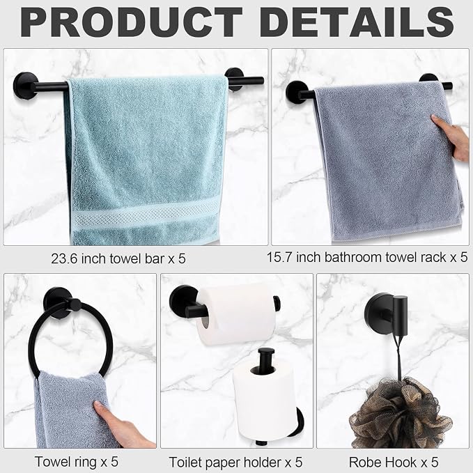 Gisafai 25 Pcs Bathroom Hardware Set, 23.6 Inch Brushed Towel Bar Ring Toilet - Image 3