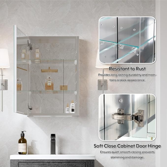 WELLFOR 16" x 24" Bathroom Medicine Cabinet, Anodized Chrome Aluminum Frame - Image 4