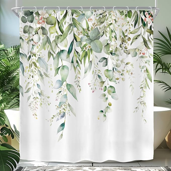 Riyidecor Sage Green Eucalyptus Shower Curtain, Fabric Cloth Bathroom Curtains by Riyidecor