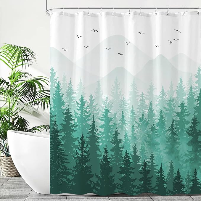 Aipon Teal Misty Forest Shower Curtain Ombre Nature Tree Plants Shower Curtains - Image 2